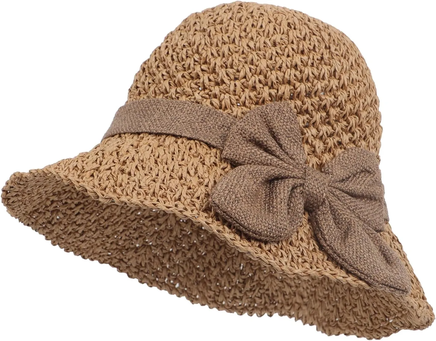 Women Crochet Floppy Straw Hat Shapeable Brim Soft Bowknot Sun Hats Lady Travel Summer Beach Garden Party