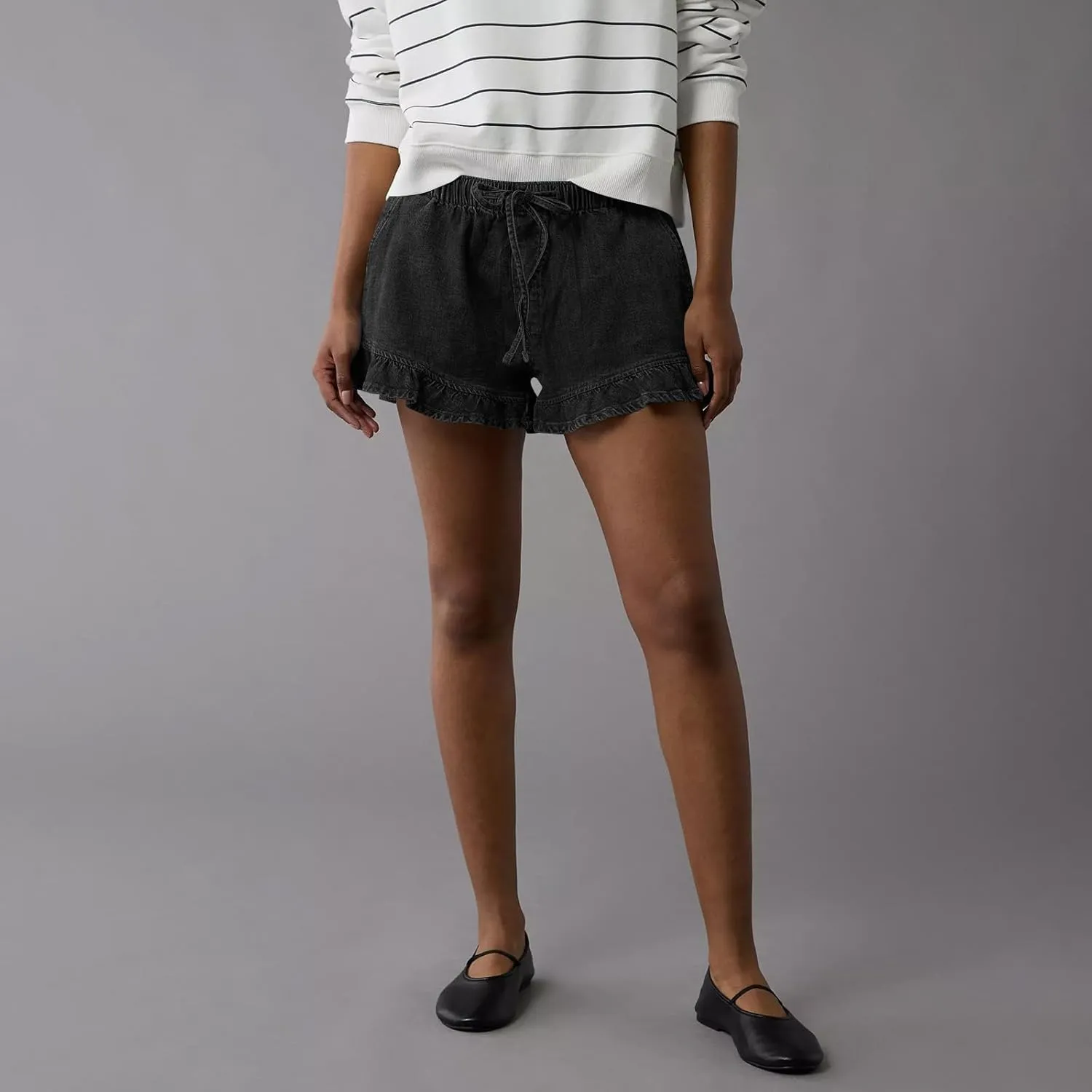 Women Jean Shorts Elastic Waist Drawstring Denim Shorts Summer Casual Stretch Ruffle Short Flowy Pleated Short