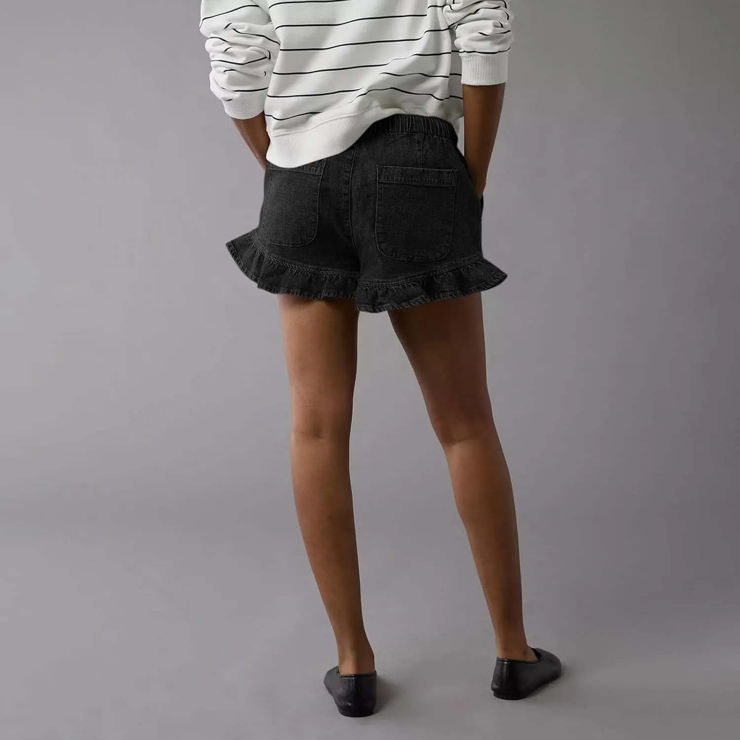 Women Jean Shorts Elastic Waist Drawstring Denim Shorts Summer Casual Stretch Ruffle Short Flowy Pleated Short