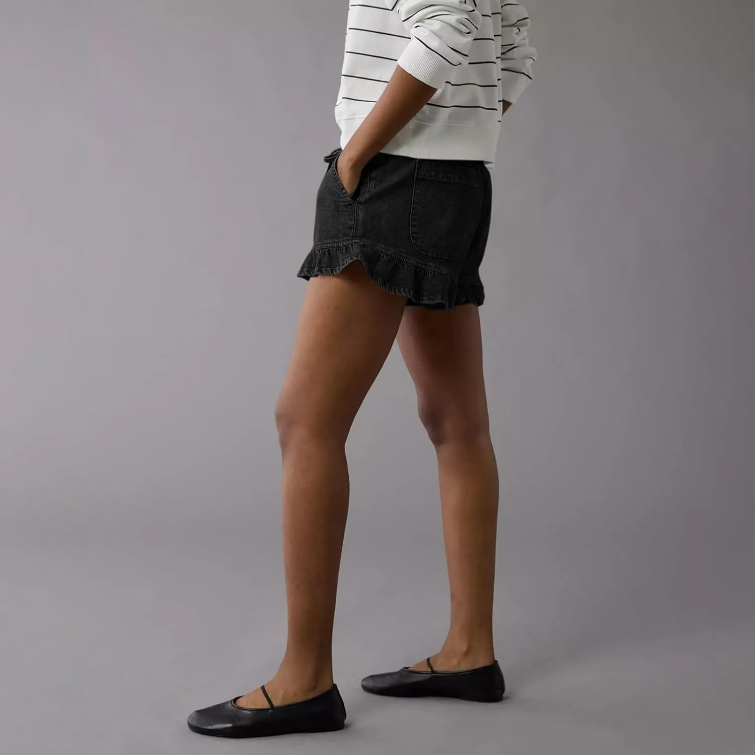 Women Jean Shorts Elastic Waist Drawstring Denim Shorts Summer Casual Stretch Ruffle Short Flowy Pleated Short