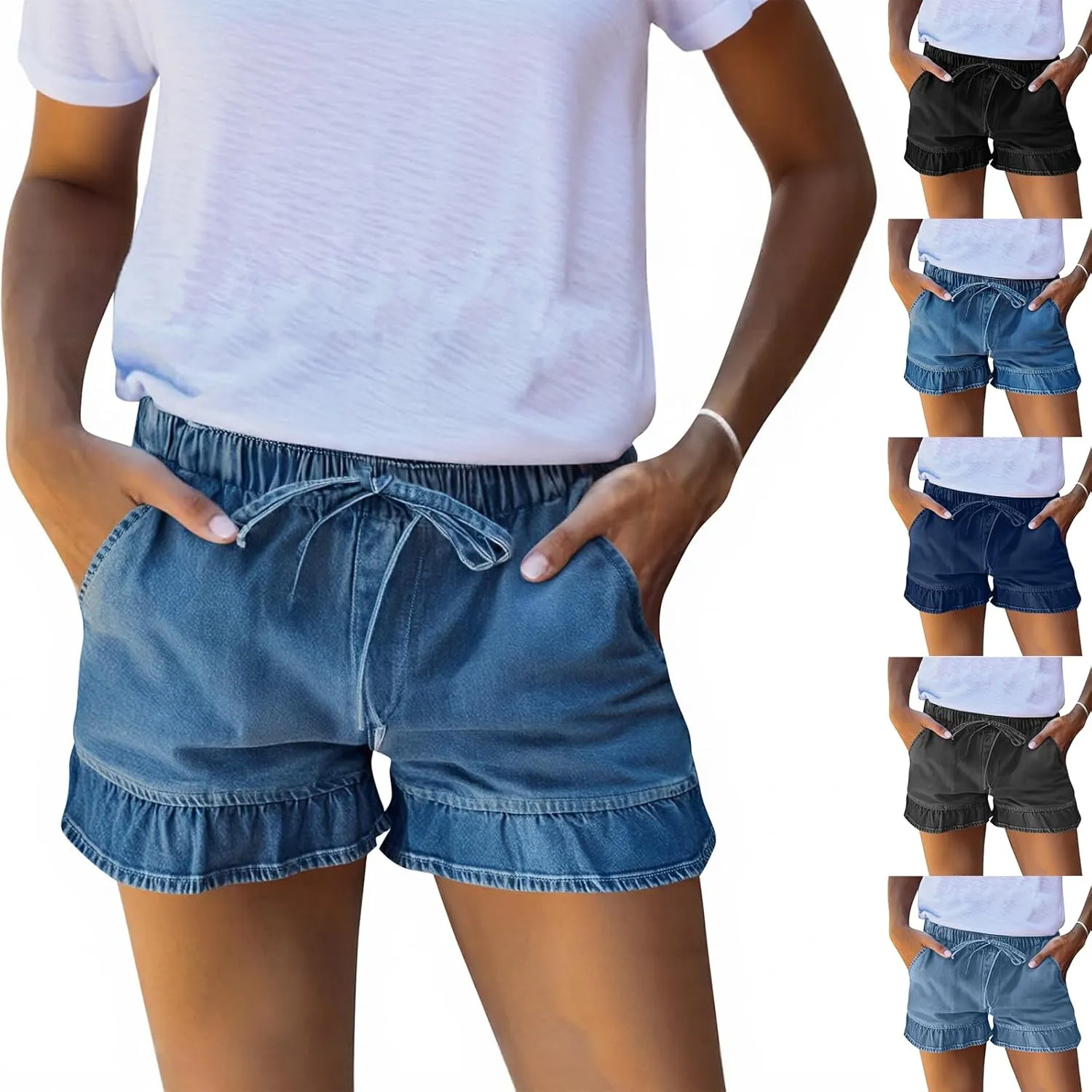 Women Jean Shorts Elastic Waist Drawstring Denim Shorts Summer Casual Stretch Ruffle Short Flowy Pleated Short
