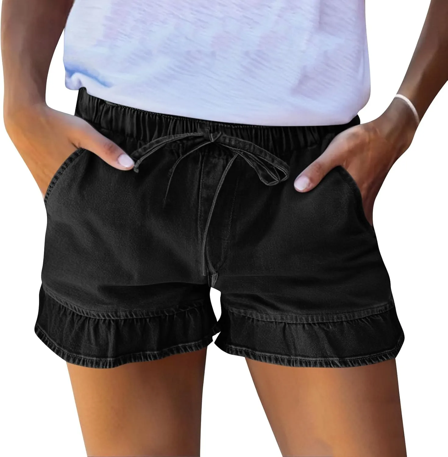 Women Jean Shorts Elastic Waist Drawstring Denim Shorts Summer Casual Stretch Ruffle Short Flowy Pleated Short