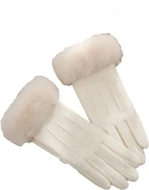 Women Winter Suede Gloves Cute Cat Fleece Lined Winter Thick Thermal Mittens with Faux Fur Cuff for Driving Cycling C-White