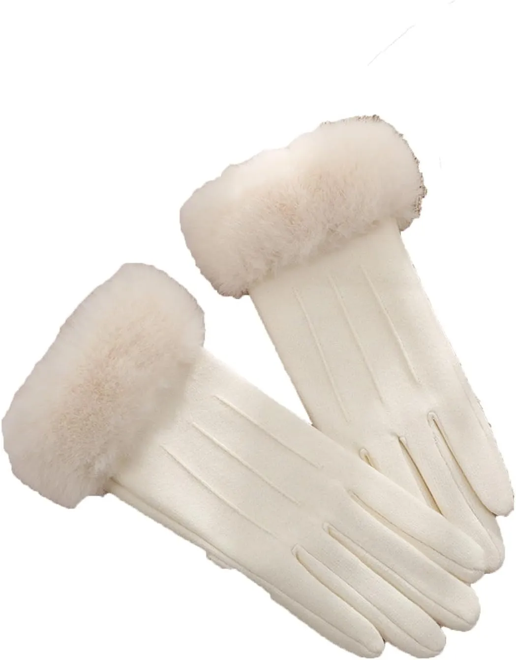 Women Winter Suede Gloves Cute Cat Fleece Lined Winter Thick Thermal Mittens with Faux Fur Cuff for Driving Cycling C-White