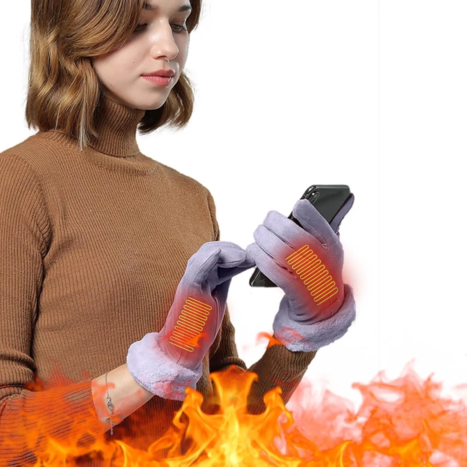 Women Winter Suede Gloves, Heated Ski Gloves with Fur Cuffs, Electric Gloves 3 Speeds Temperature Control, Touchscreen Gloves Warm Fleece Lined Gloves, Velvet Skidproof Climbing Winter Glove
