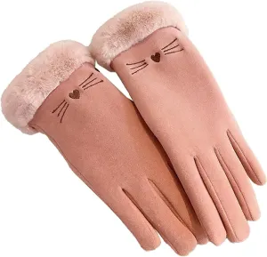 Women Winter Warm Knitted Gloves Imitation Gloves with Fur Cuff for Cold Weather Driving Outside Suede Gloves (Pink, One Size)