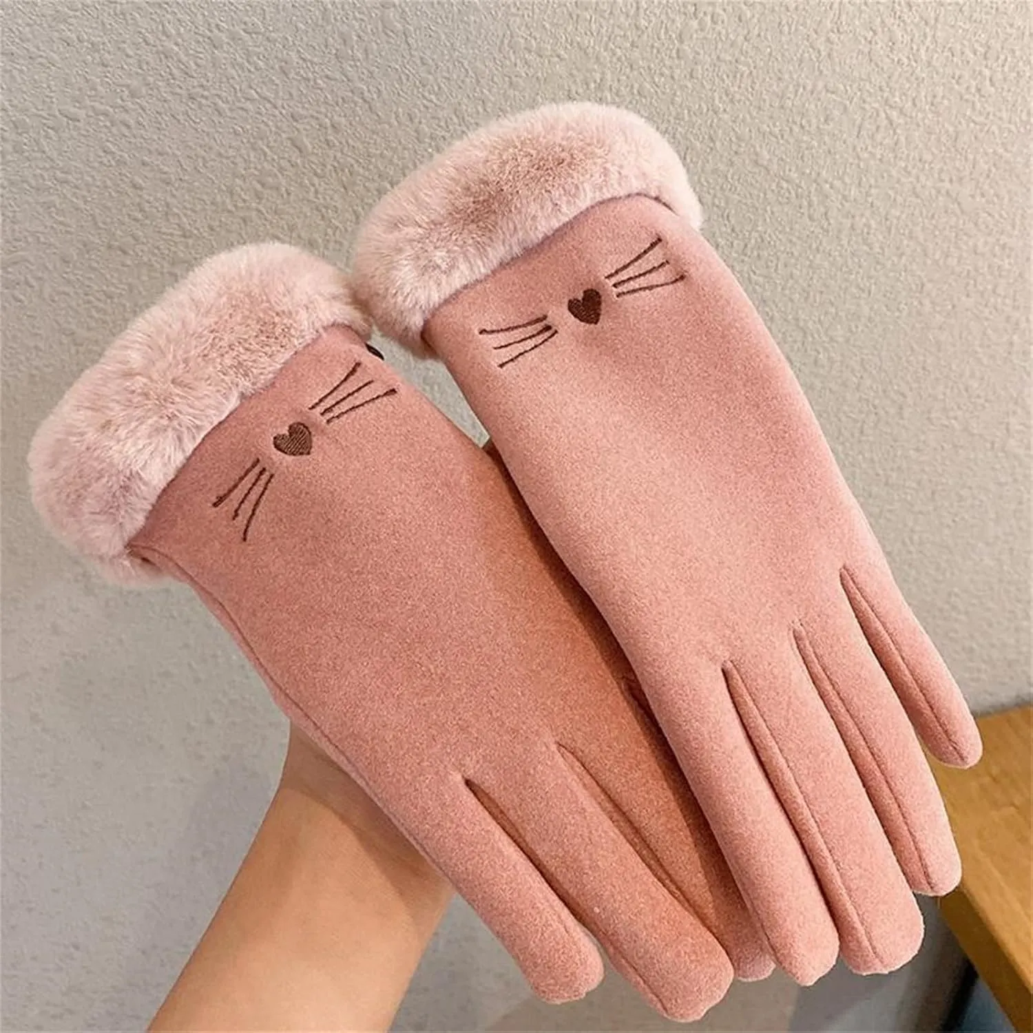 Women Winter Warm Knitted Gloves Imitation Gloves with Fur Cuff for Cold Weather Driving Outside Suede Gloves (Pink, One Size)