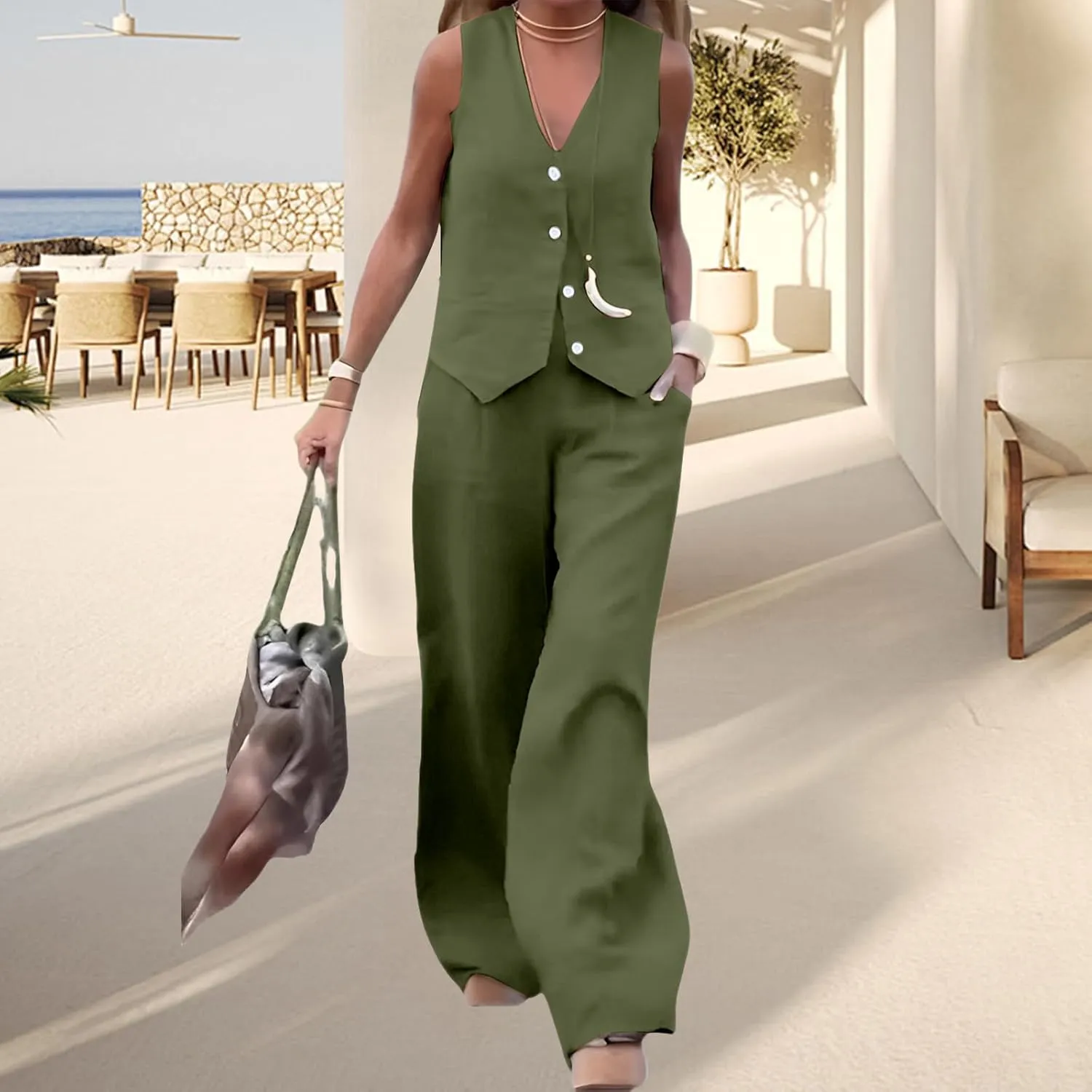 Womens Blazer Sets Two Piece Outfits Sleeveless Halter V-Neck Button Front Crop Blazer Suit Vest Wide Leg Pants