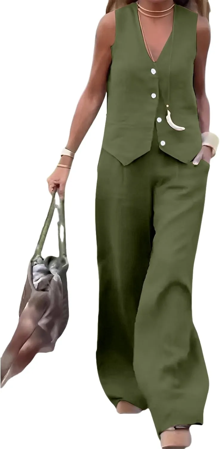 Womens Blazer Sets Two Piece Outfits Sleeveless Halter V-Neck Button Front Crop Blazer Suit Vest Wide Leg Pants