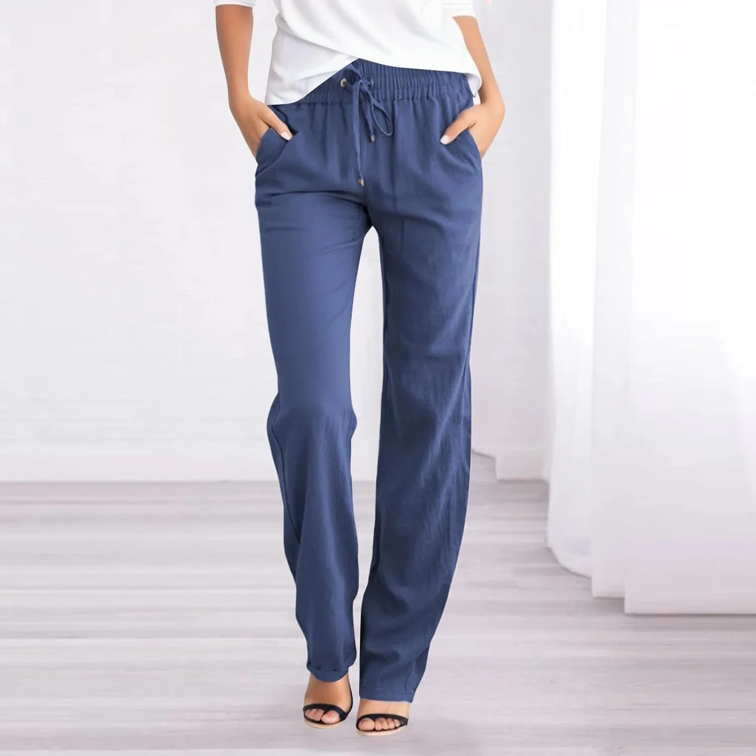 Women's Casual Cotton Linen Pants Lightweight Summer Relax Fit Elastic Waist Straight Leg Comfy Solid Trouser with Pockets