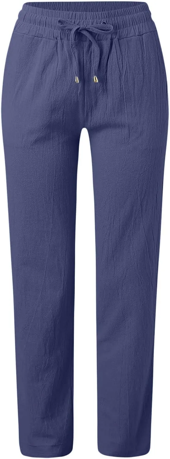 Women's Casual Cotton Linen Pants Lightweight Summer Relax Fit Elastic Waist Straight Leg Comfy Solid Trouser with Pockets