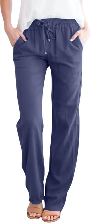 Women's Casual Cotton Linen Pants Lightweight Summer Relax Fit Elastic Waist Straight Leg Comfy Solid Trouser with Pockets