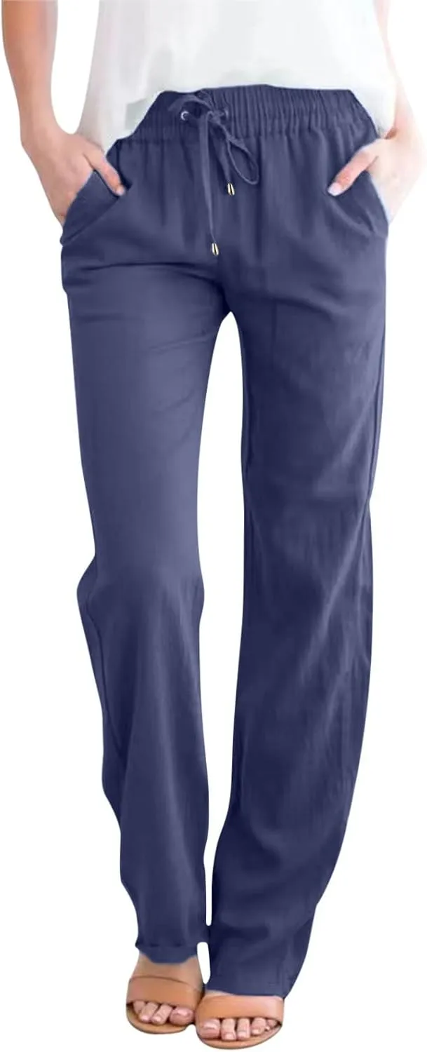 Women's Casual Cotton Linen Pants Lightweight Summer Relax Fit Elastic Waist Straight Leg Comfy Solid Trouser with Pockets