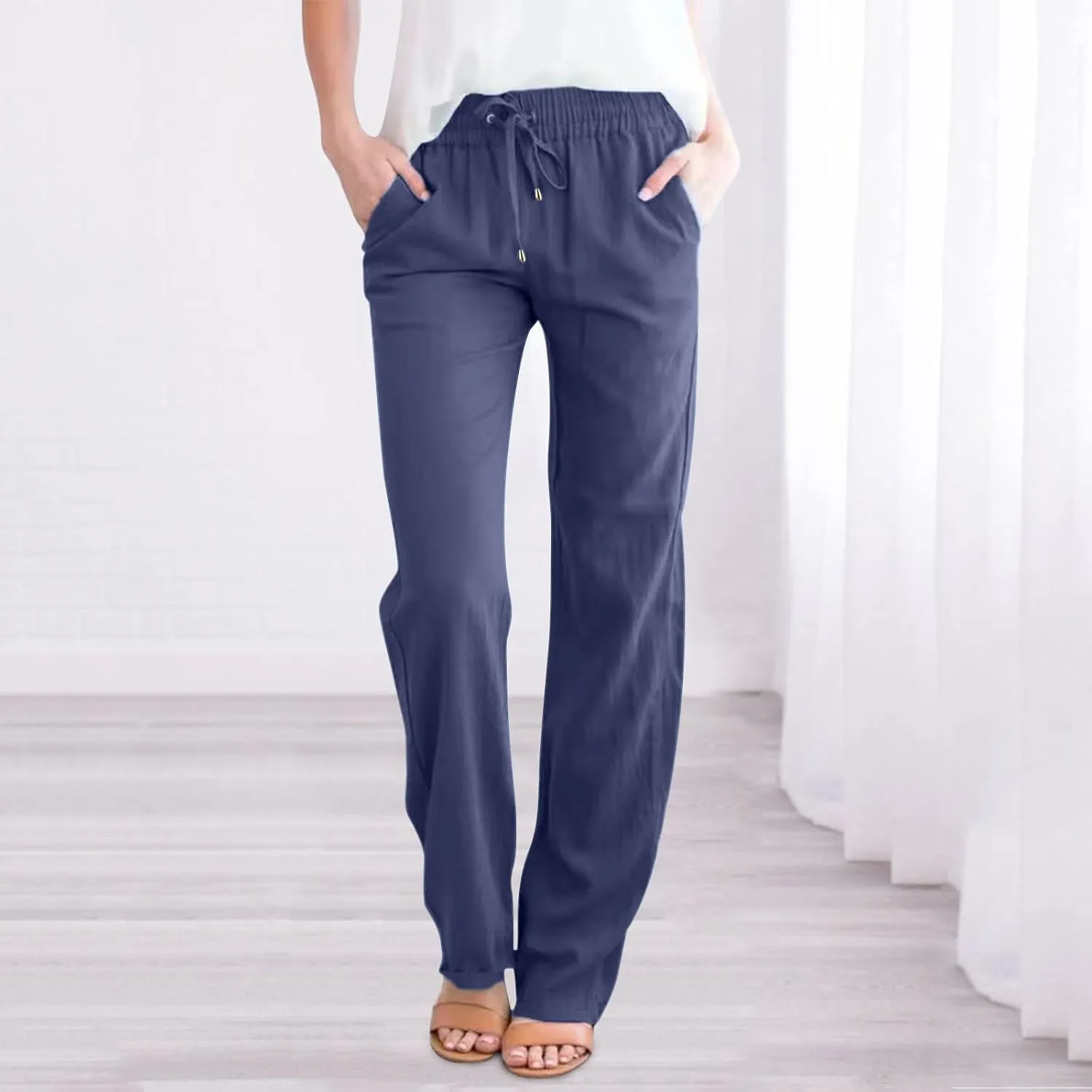 Women's Casual Cotton Linen Pants Lightweight Summer Relax Fit Elastic Waist Straight Leg Comfy Solid Trouser with Pockets