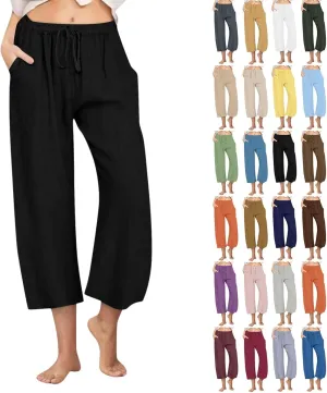Womens Linen Pants Casual Lightweight Drawstring Elastic Waist Pants Summer Loose Straight Leg Trousers