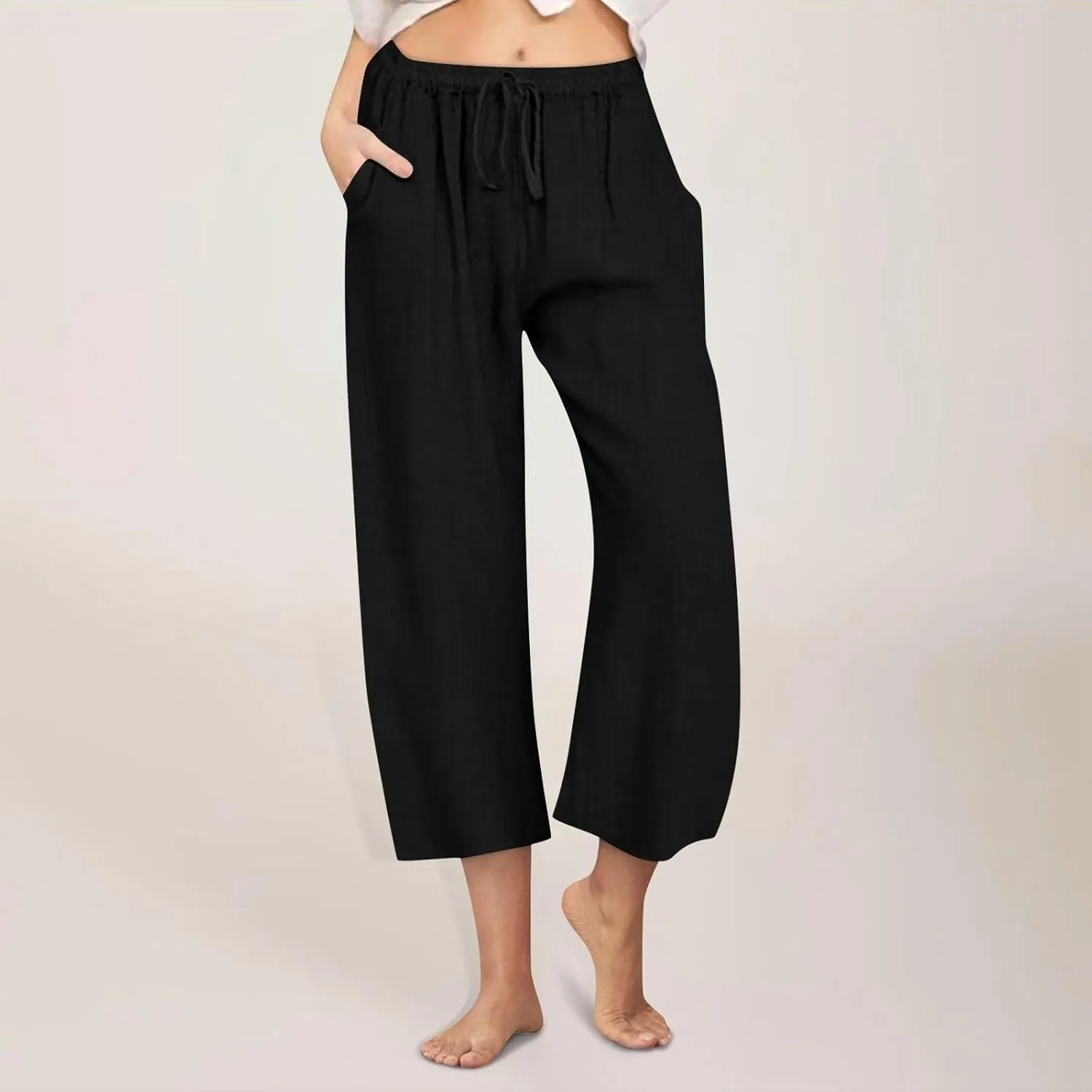 Womens Linen Pants Casual Lightweight Drawstring Elastic Waist Pants Summer Loose Straight Leg Trousers