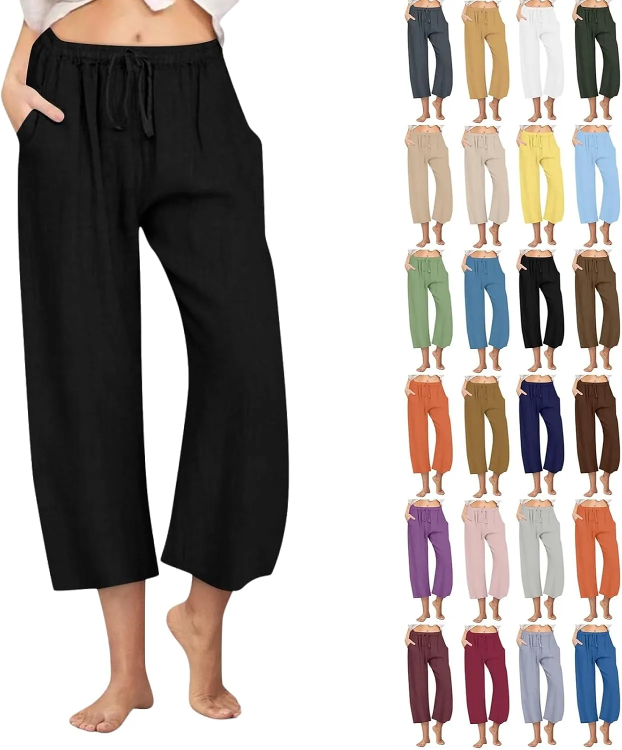 Womens Linen Pants Casual Lightweight Drawstring Elastic Waist Pants Summer Loose Straight Leg Trousers