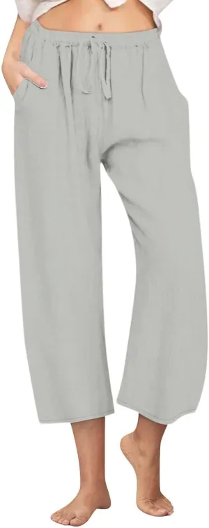 Womens Linen Pants Casual Lightweight Drawstring Elastic Waist Pants Summer Loose Straight Leg Trousers