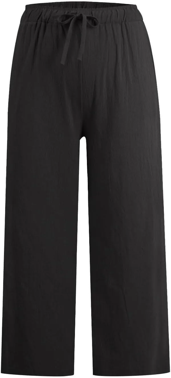 Womens Linen Pants Casual Lightweight Drawstring Elastic Waist Pants Summer Loose Straight Leg Trousers