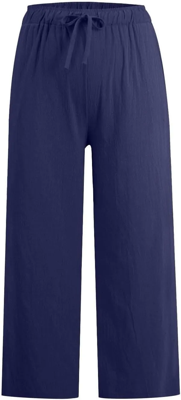 Womens Linen Pants Casual Lightweight Drawstring Elastic Waist Pants Summer Loose Straight Leg Trousers