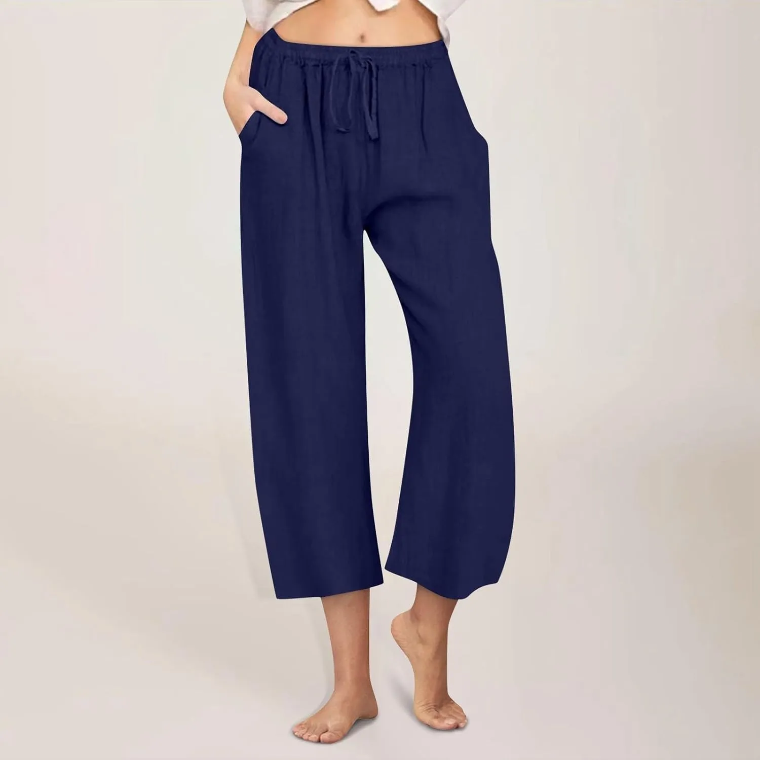 Womens Linen Pants Casual Lightweight Drawstring Elastic Waist Pants Summer Loose Straight Leg Trousers