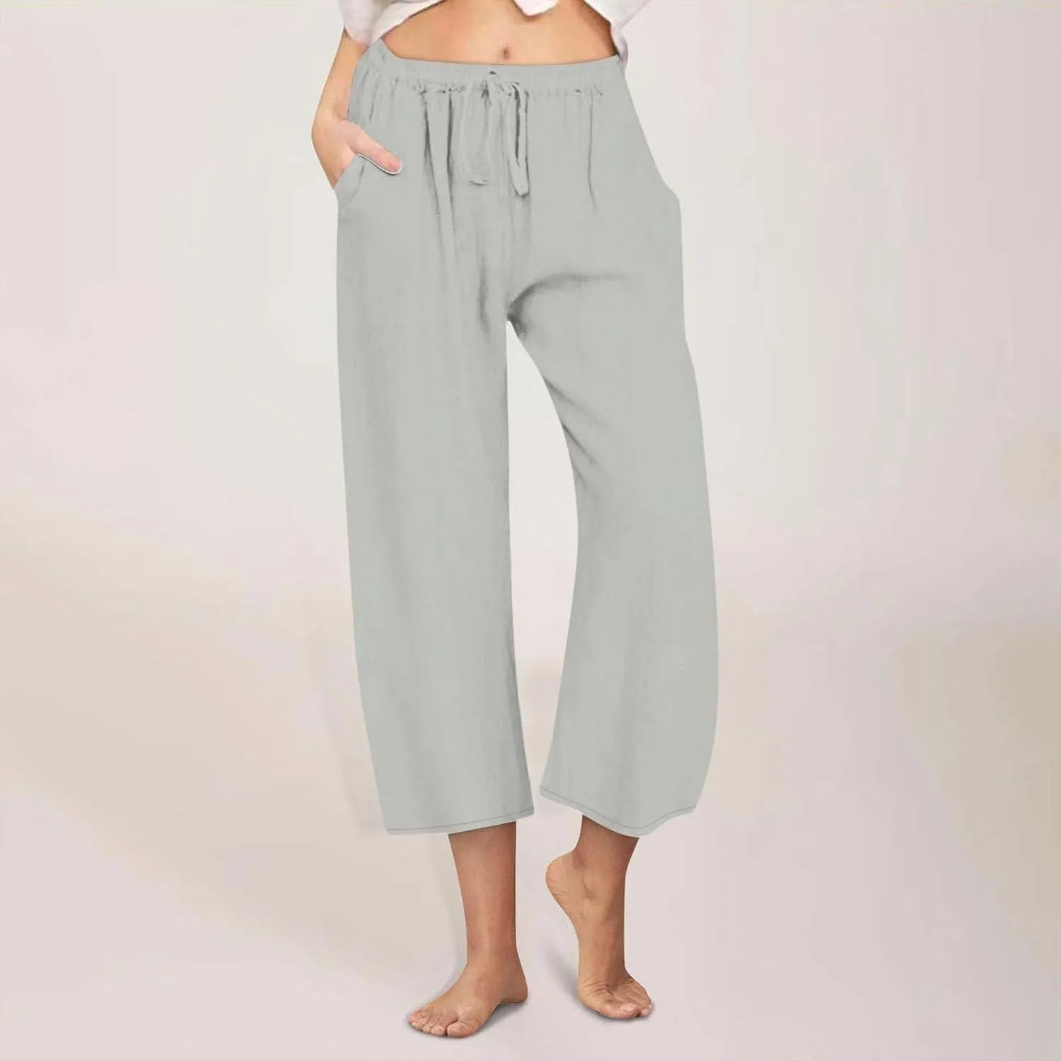 Womens Linen Pants Casual Lightweight Drawstring Elastic Waist Pants Summer Loose Straight Leg Trousers