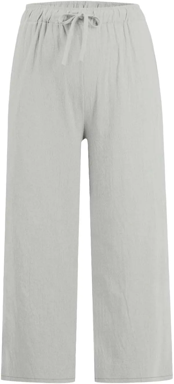Womens Linen Pants Casual Lightweight Drawstring Elastic Waist Pants Summer Loose Straight Leg Trousers