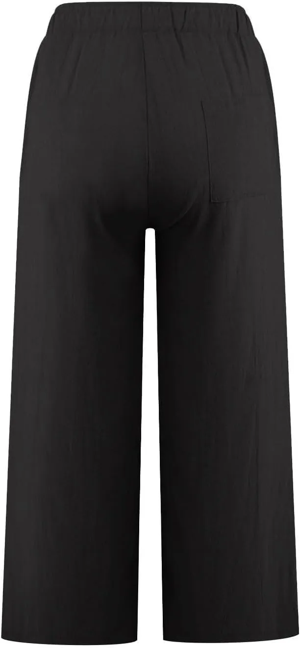 Womens Linen Pants Casual Lightweight Drawstring Elastic Waist Pants Summer Loose Straight Leg Trousers
