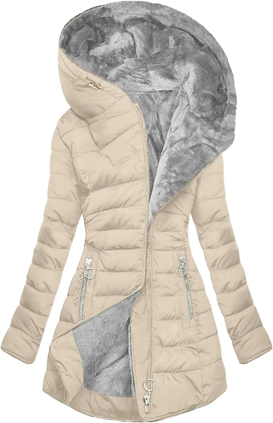 Women's Puffer Jacket Zip Up Coats with Pockets Winter Warm Hooded Outerwear Plain Long Down Jackets Comfy Parkas