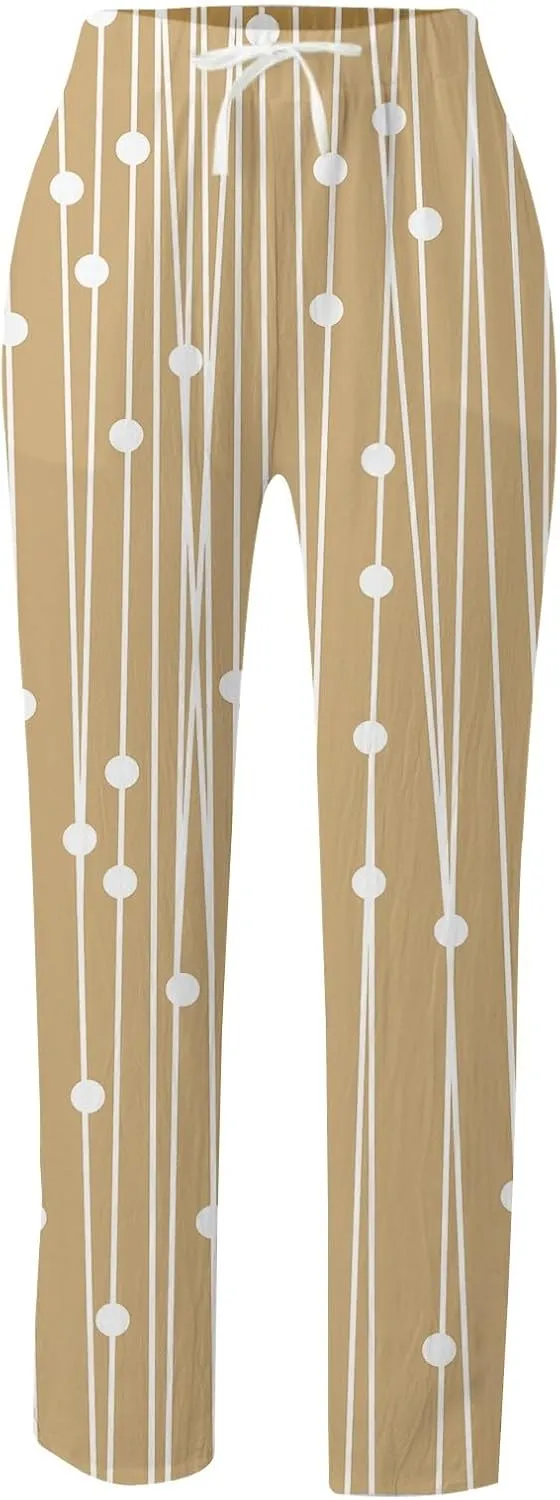 Women's Summer Printed Linen Drawstring Elastic Waist Pants Lightweight Straight Leg Casual Trousers with Pockets