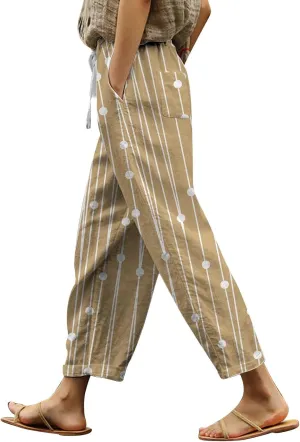 Women's Summer Printed Linen Drawstring Elastic Waist Pants Lightweight Straight Leg Casual Trousers with Pockets