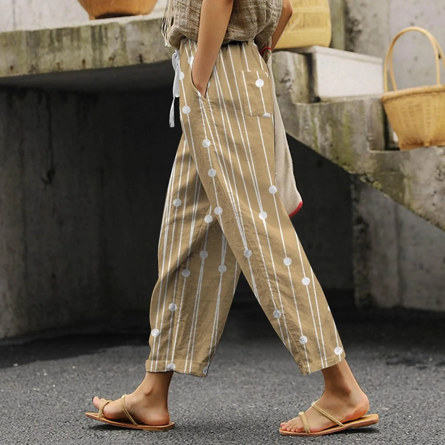 Women's Summer Printed Linen Drawstring Elastic Waist Pants Lightweight Straight Leg Casual Trousers with Pockets
