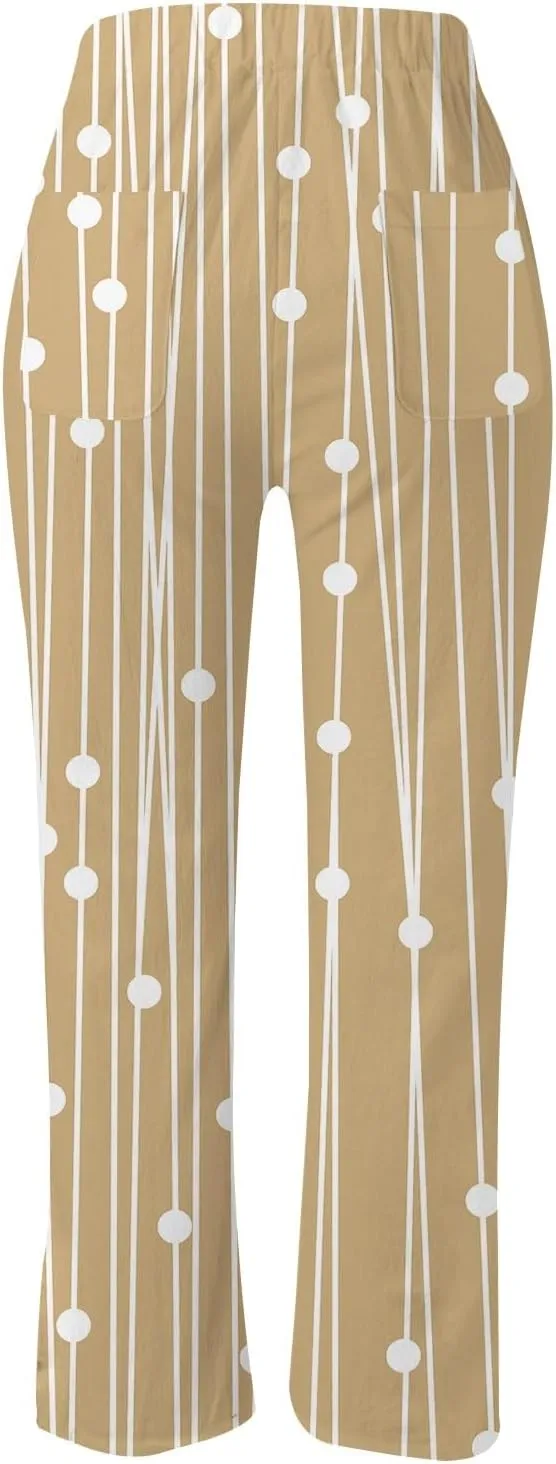 Women's Summer Printed Linen Drawstring Elastic Waist Pants Lightweight Straight Leg Casual Trousers with Pockets