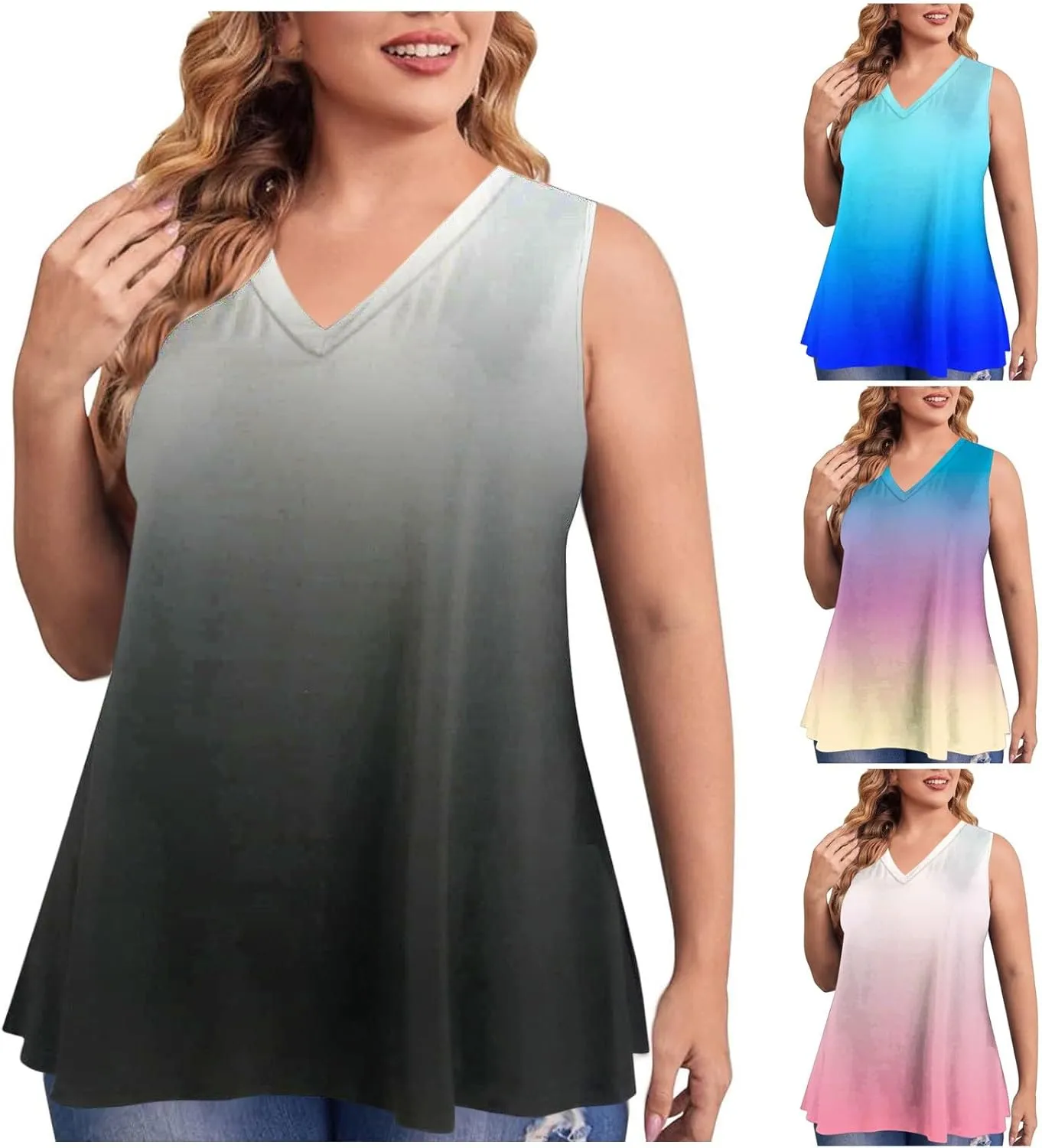 Womens Tank Tops Oversized Ombre Summer Sleeveless Fashion Crew Neck T-Shirt Casual Loose Plus Size Y2K Blouses