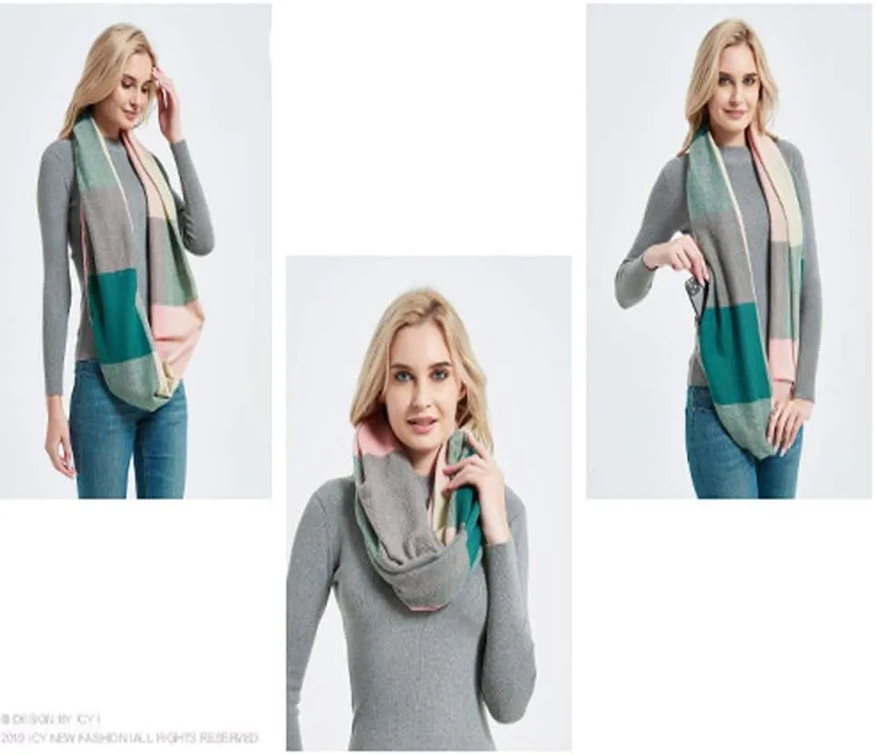 YEKEYI Women Plaid Infinity Scarf With Zipper Pocket Scarves Pockets-Secret Travel Scarfs for Girls Ladies