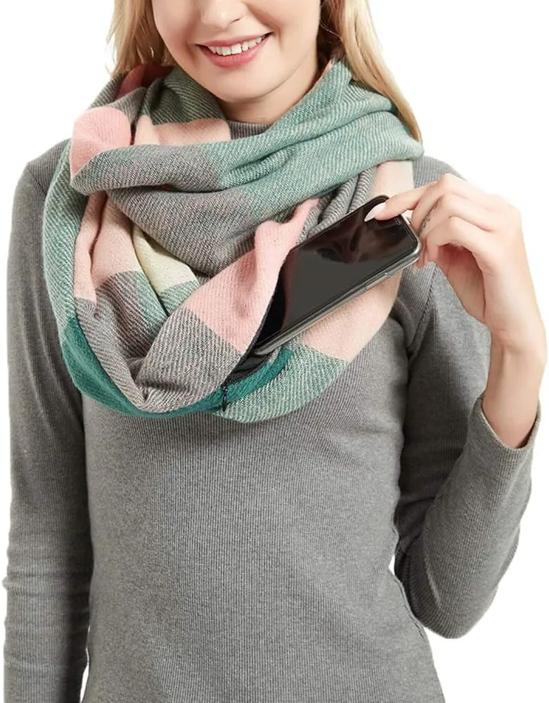 YEKEYI Women Plaid Infinity Scarf With Zipper Pocket Scarves Pockets-Secret Travel Scarfs for Girls Ladies