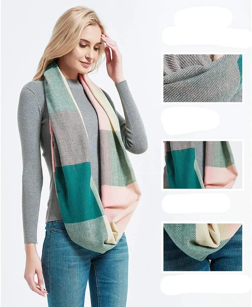 YEKEYI Women Plaid Infinity Scarf With Zipper Pocket Scarves Pockets-Secret Travel Scarfs for Girls Ladies