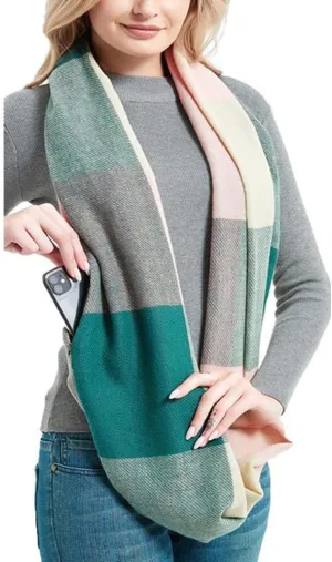 YEKEYI Women Plaid Infinity Scarf With Zipper Pocket Scarves Pockets-Secret Travel Scarfs for Girls Ladies