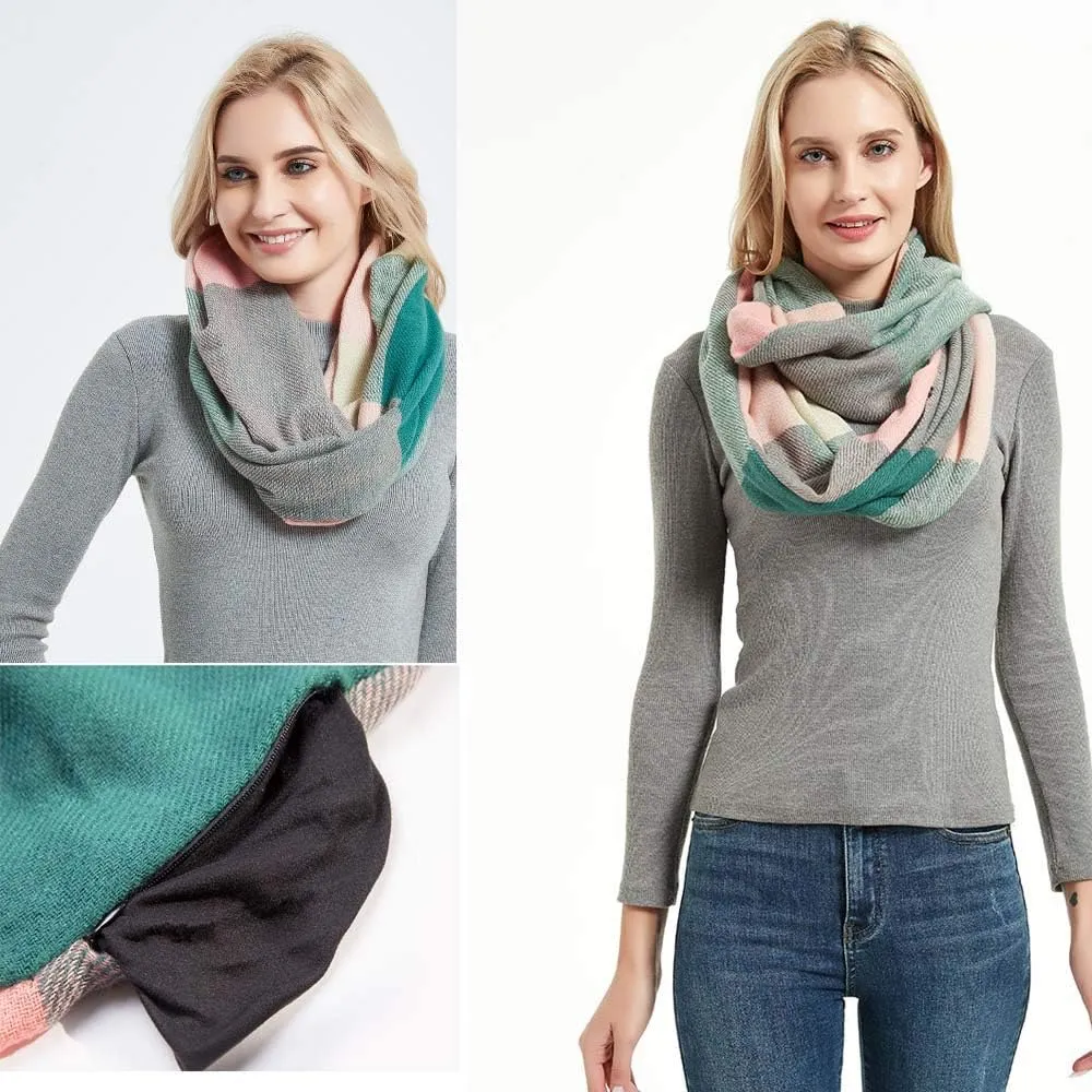 YEKEYI Women Plaid Infinity Scarf With Zipper Pocket Scarves Pockets-Secret Travel Scarfs for Girls Ladies