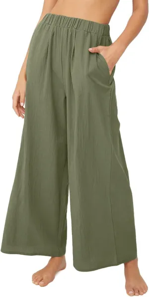 yoeasy Women Wide Leg Linen Elastic Waist Pants Casual Loose Palazzo Beach Trousers