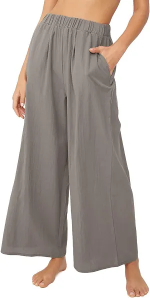 yoeasy Women Wide Leg Linen Elastic Waist Pants Casual Loose Palazzo Beach Trousers