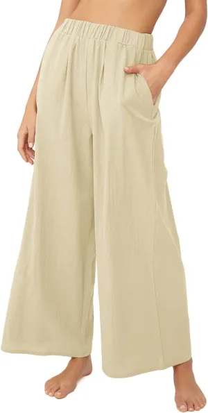 yoeasy Women Wide Leg Linen Elastic Waist Pants Casual Loose Palazzo Beach Trousers