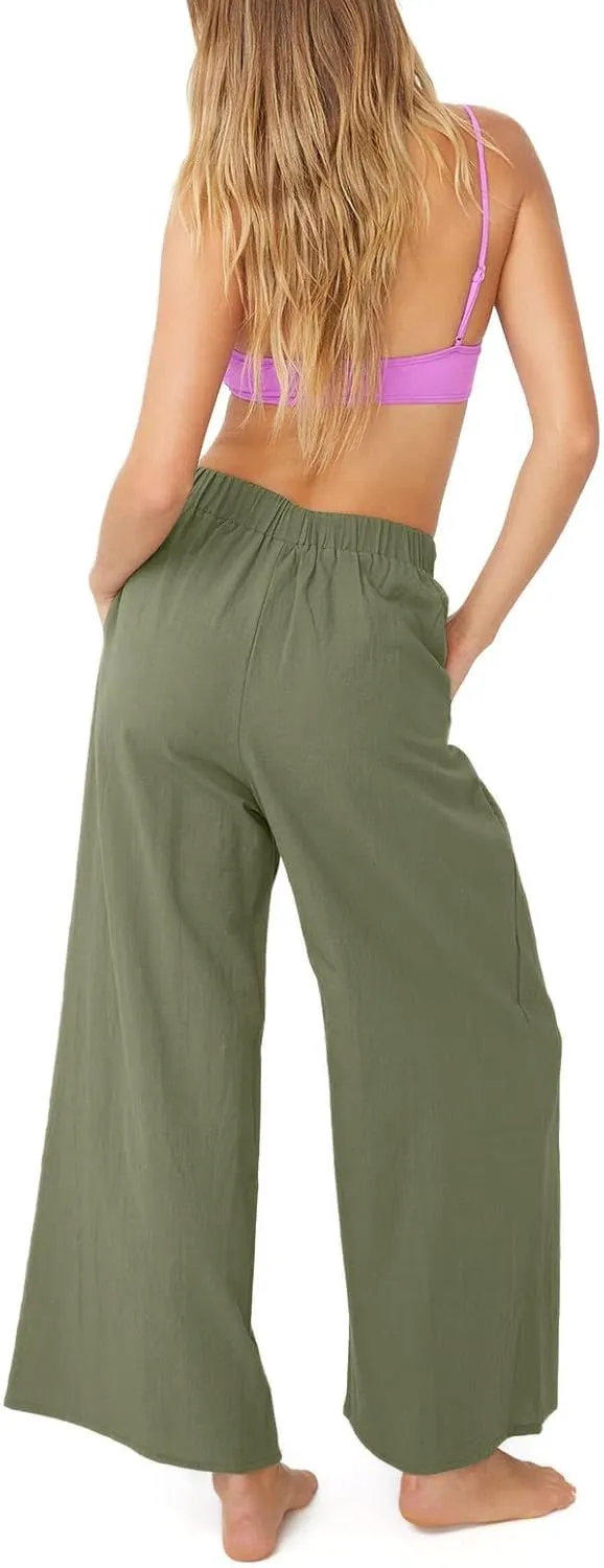 yoeasy Women Wide Leg Linen Elastic Waist Pants Casual Loose Palazzo Beach Trousers