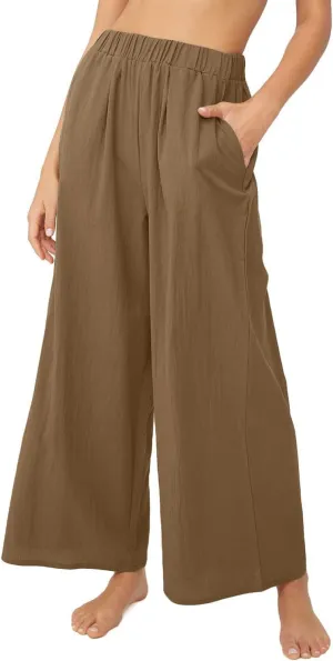 yoeasy Women Wide Leg Linen Elastic Waist Pants Casual Loose Palazzo Beach Trousers