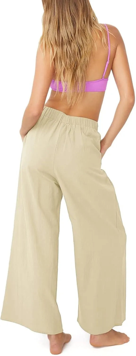 yoeasy Women Wide Leg Linen Elastic Waist Pants Casual Loose Palazzo Beach Trousers