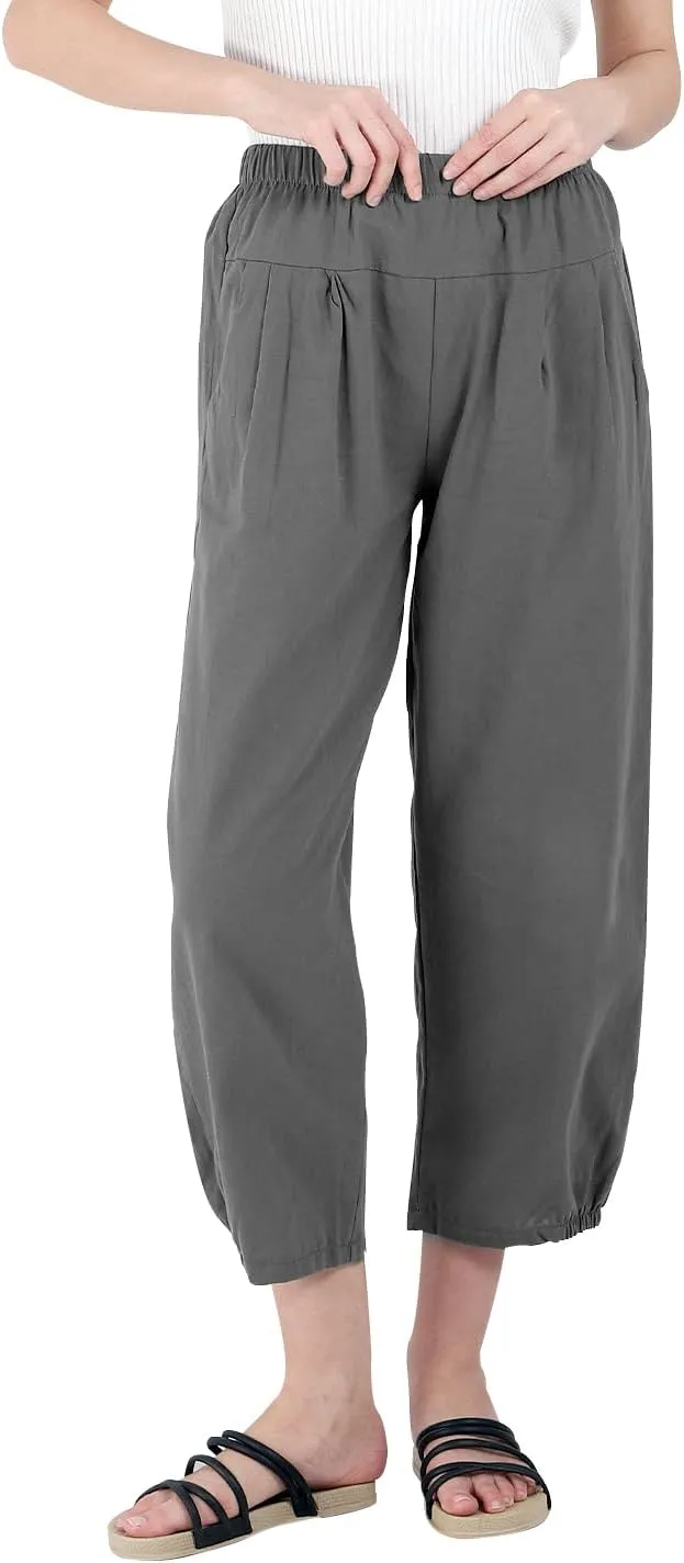 yoeasy Women's Linen Ankle Capris Trousers Loose Comfy Lounge Elastic Waist Pants with Pockets
