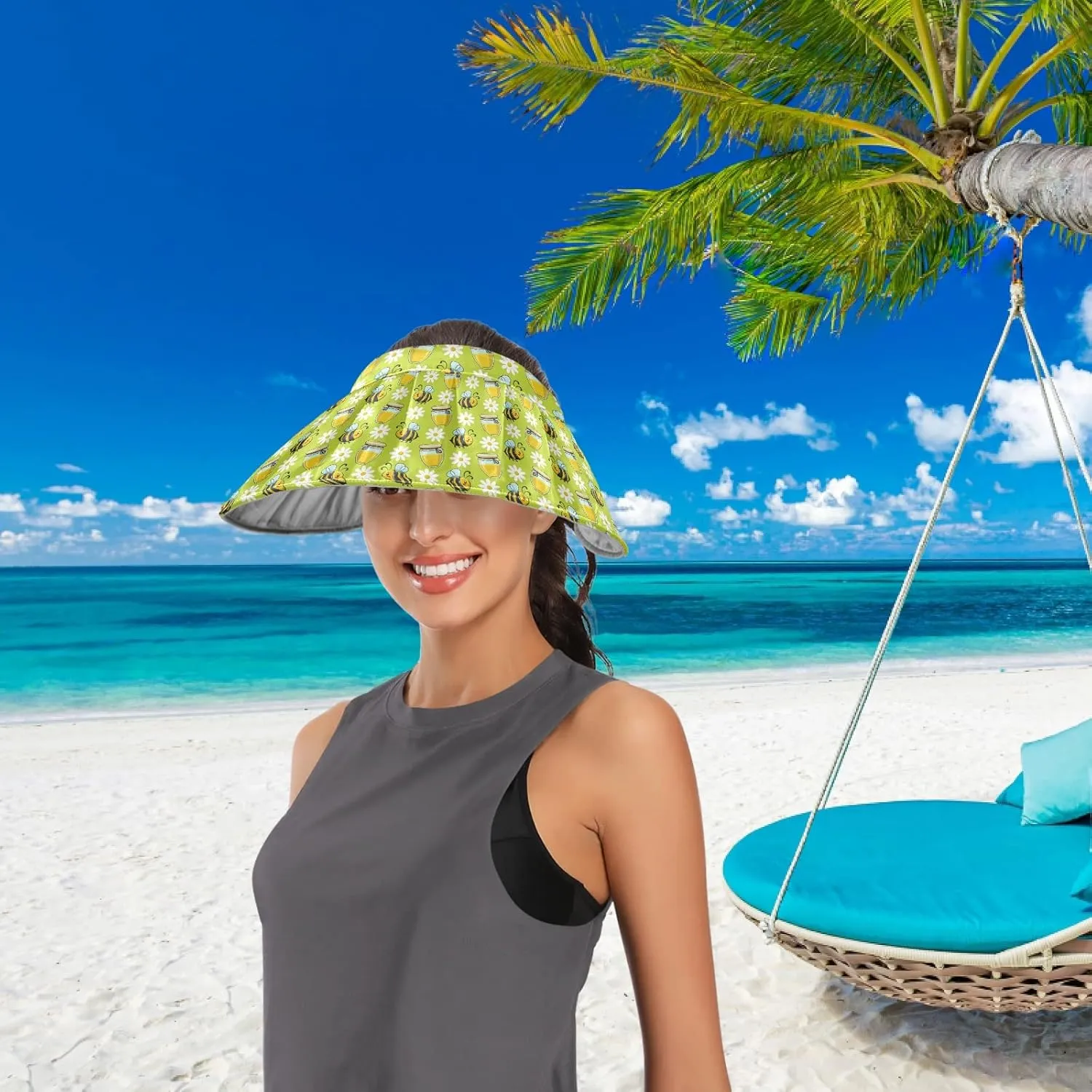 ZZXXB Tiger Floral Print Women Sun Visor Hat Wide Brim Hats Foldable Summer UV Protection Ponytail Visors for Beach